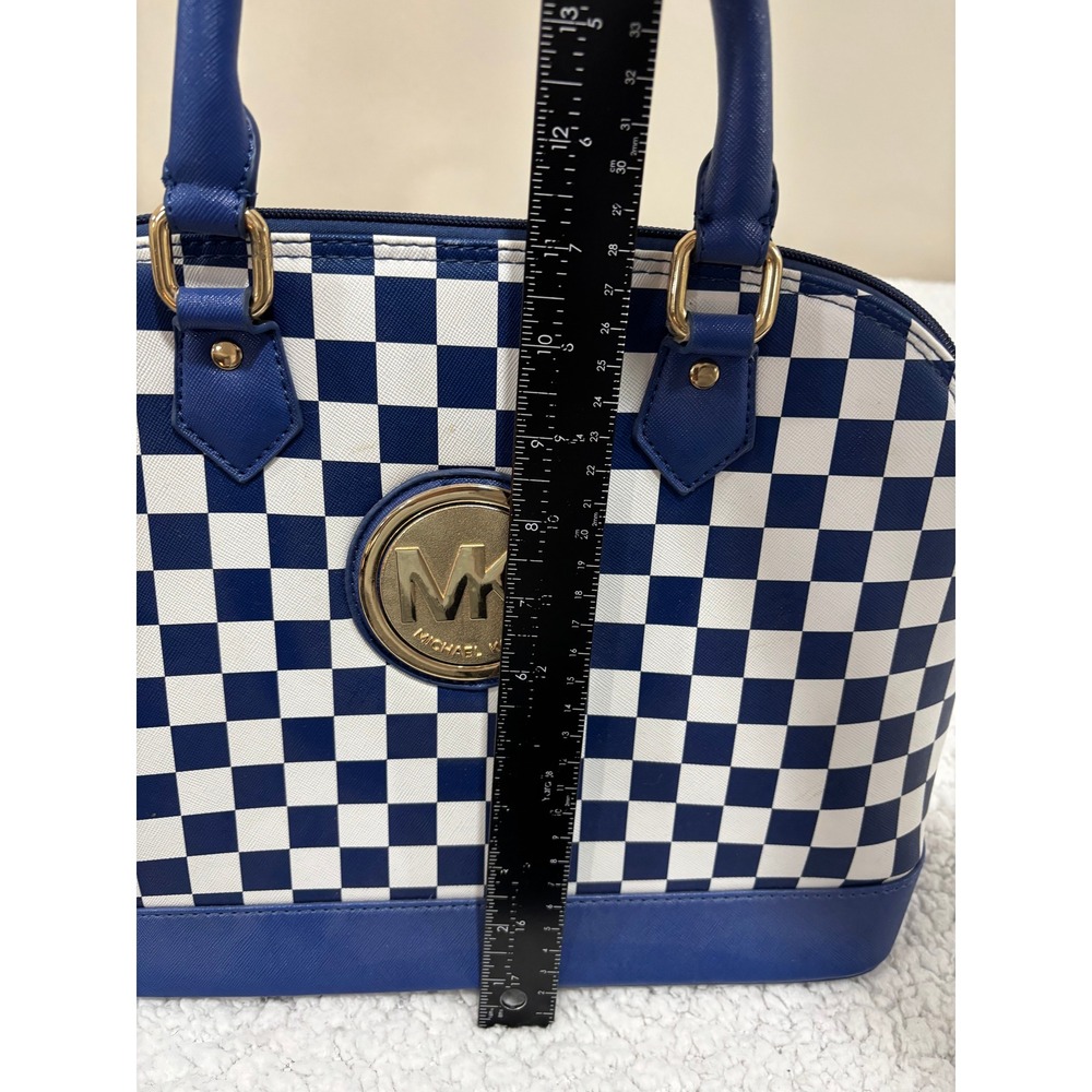 Michael Kors Womens Blue White Checkered Satchel Handbag Purse Vintage Casual - Picture 4 of 8